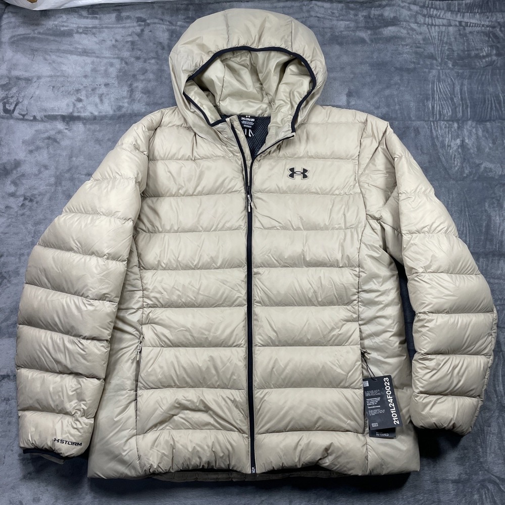 Under Armour Legend Down Hooded Jacket Mens Size XXL Tan 600 FP ColdGear Puffer